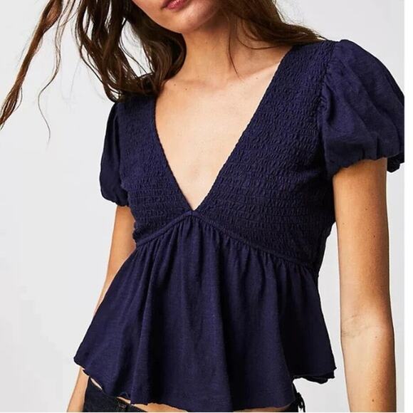 [Free People] Blue Charlotte V-Neck Smocked Open Back Top Puff Sleeves Sz Small - Picture 11 of 11